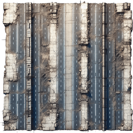 Over head view of a section of road for an endless vertical shooter. Scarred and pitted by battle. High definition..
Single Game Texture. In-Game asset. 2d. Blank background. High contrast. No shadows.