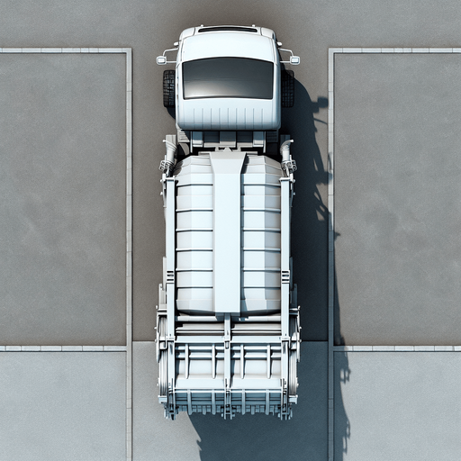 Zenith view of a white rectangular Harvester shape of a garbage truck with a triangular head.
Zenith view. Directly overhead. Plumb view.