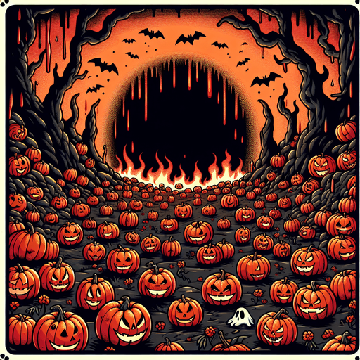 Generate a high quality cartoon background Halloween image on a black canvas similar to the format of where is waldo with a hellish environment filled with pumpkins.
Single Game Texture. In-Game asset. 2d. Blank background. High contrast. No shadows.