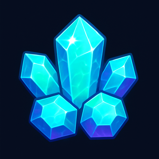 Crea un icono de cristales que represente el recurso mágico y avanzado. Debe ser un pequeño clúster de cristales facetados y brillantes (pueden ser de un solo color dominante o una mezcla sutil de azul, verde y púrpura), vistos directamente desde arriba. La superficie superior debe mostrar los planos de los cristales y un brillo translúcido que sugiera su naturaleza energética..
In-Game asset.  2d.  High contrast.  No shadows