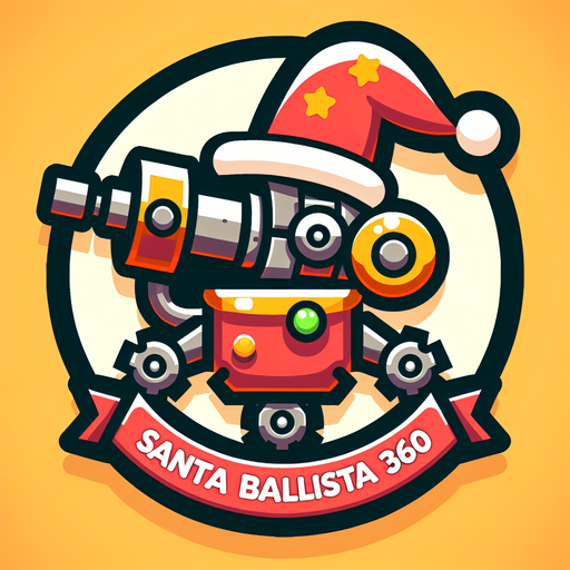 Icon for a mechanical arm, on a circle, with the text „Santa Ballista 360“ at top, cartoon, christmas style Single Game Texture. In-Game asset. 2d. Blank background. High contrast. No shadows.