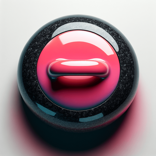 black curling stone with pink top, top view.