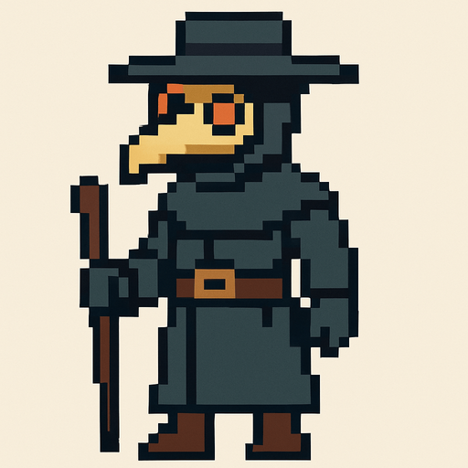 Palugue doctors full body pixel art.
In-Game asset.  2d.  High contrast.  No shadows