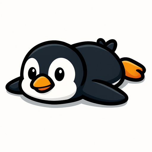 A cartoon-style penguin lying flat on its belly, facing forward with its body stretched out.
In-Game asset.  2d.  High contrast.  No shadows