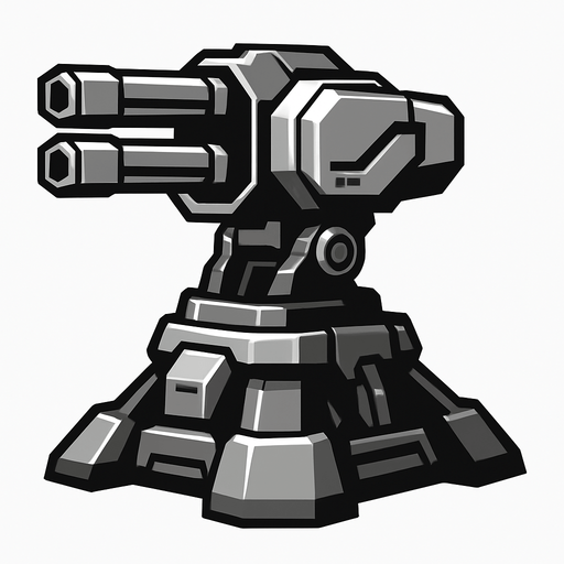 torreta futurista en escala de grises con aspecto default.
In-Game asset.  2d.  High contrast.  No shadows