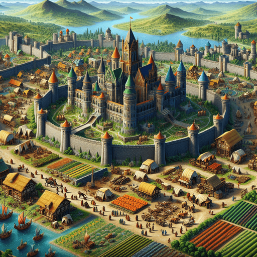 "A grand medieval-fantasy empire in a semi-realistic art style, featuring a thriving kingdom with towering castles, bustling trade markets, and well-planned roads connecting different towns. The scene includes farmers tending fields, merchants with carts full of goods, soldiers guarding the city gates, and distant mountains on the horizon. Defensive walls protect the kingdom, while caravans move across a strategic trade route. The environment is vibrant, with lush greenery, rivers flowing through the land, and players directing resource management and expansion from a bird's-eye view.".
Single Game Texture.  In-Game asset.  2d.  Blank background.  High contrast.  No shadows