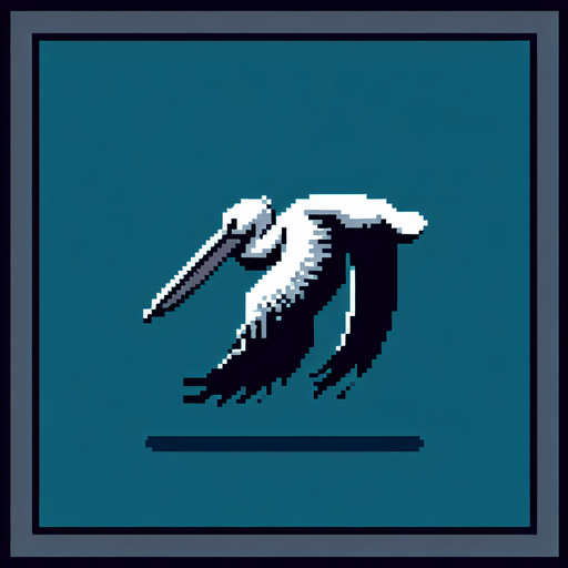8-bit profile of pelican flapping it's wings downward.
Single Game Texture. In-Game asset. 2d. Blank background. High contrast. No shadows.