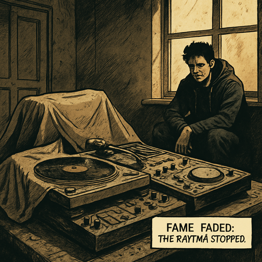 Realistic comic book scene, 2048x2048. Interior of a dusty room with DJ gear covered and unused. Noah sits in the background, partially hidden in shadow, melancholic lighting. Include a small narrator box at the bottom-right corner with the text: "Fame faded. The rhythm stopped.".
In-Game asset.  2d.  High contrast.  No shadows