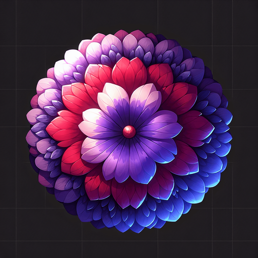 A round purple and red flower. Top down view.
Single Game Texture. In-Game asset. 2d. Blank background. High contrast. No shadows.