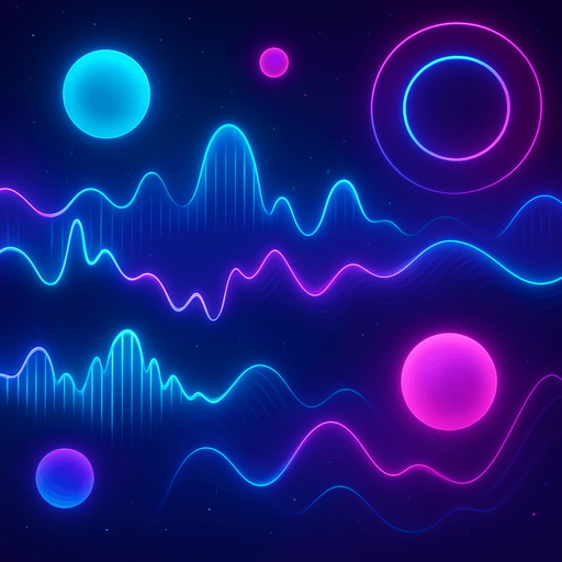 A futuristic abstract 2D background for a rhythm game start screen.
Neon color palette — cyan, magenta, and deep purple.
Floating glowing spheres, waveforms, and pulse rings layered over a dark space-like gradient background.
Visual elements should feel musical — like a living audio visualizer.
High detail, soft glowing effects, minimal UI clutter space in center.
Style: Digital art, vibrant, atmospheric..
In-Game asset.  2d.  High contrast.  No shadows