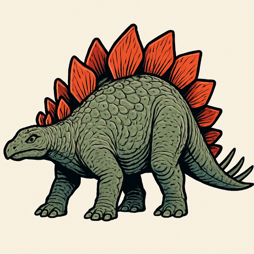 A large Stegosaurus dinosaur with a bulky body covered in grayish-green rough scaly skin. Its back is lined with two rows of large, reddish plates that gradually taper toward the tail. The tail ends with four long, sharp spikes (thagomizer) for defense. The small head has a beaked mouth and gentle eyes. The skin shows detailed scales and subtle wrinkles, giving it a lifelike prehistoric look..
In-Game asset.  2d.  High contrast.  No shadows