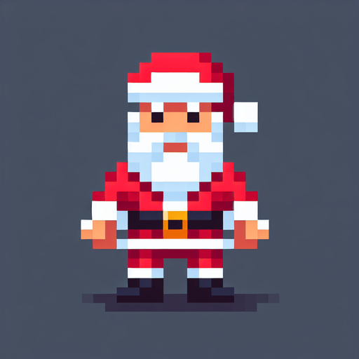 Pixelated Santa Single Game Texture. In-Game asset. 2d. Blank background. High contrast. No shadows.