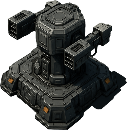 Namlusu olmayan, Teknolojik askeri kule, üstten görünüm, gerçekçi, yazısız.
In-Game asset.  High contrast.  No shadows
