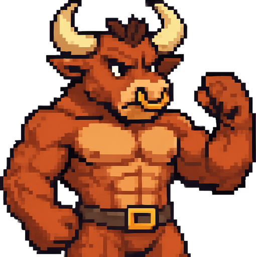 Toro furry fuerte sin camisa pixelado.
In-Game asset.  2d.  High contrast.  No shadows