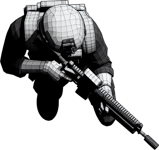 Soldier with gun seen from above.
Single Game Texture. In-Game asset. 2d. Blank background. High contrast. No shadows.