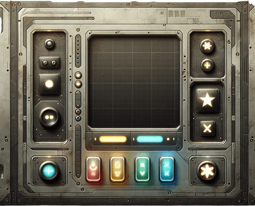 Design a clean and minimalistic landscape-oriented mobile phone interface inspired by Star Wars, adhering to user-friendly web design principles. The frame has a sleek, weathered industrial aesthetic with rounded edges and a muted metallic finish. The screen is completely empty, providing a clean and open space.

At the bottom of the HUD, align four large buttons in a simple, straight row. Each button features a unique, bold shape: a triangle, a square, an X, and a star. The buttons are evenly spaced, brightly colored (e.g., red, green, blue, yellow), and have a subtle glow with smooth, tactile designs to make them visually distinct and user-friendly.

The background incorporates faint industrial details, such as subtle panel lines or rivets, to reinforce the Star Wars aesthetic without overwhelming the design. The interface balances functionality and thematic style while maintaining a minimalist and intuitive layout focused on the aligned button array..
Single Game Texture. In-Game asset. 2d. Blank background. High contrast. No shadows.