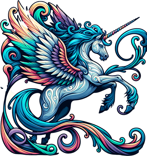 Flying unicorn fullbody sideview.
Single Game Texture. In-Game asset. 2d. Blank background. High contrast. No shadows.