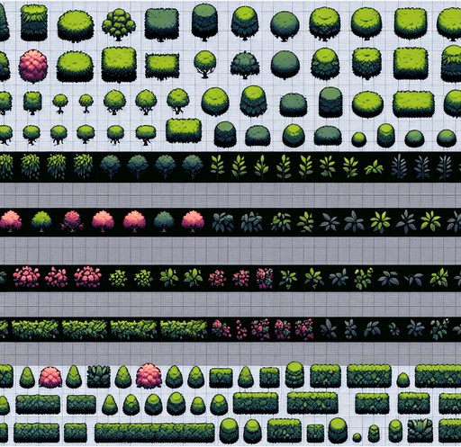Create a sprite sheet showing the different components of the hedge.  The design should include views from above. Arrange the components on a dark background, neatly aligning each part in rows and columns for easy identification and use in game development..
Single Game Texture. In-Game asset. 2d. Blank background. High contrast. No shadows.
