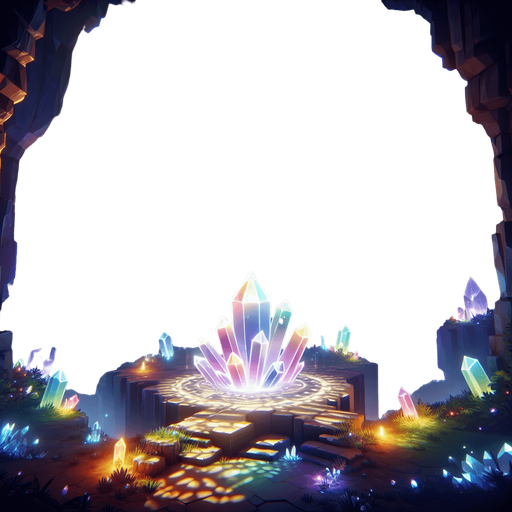 Backdrop: A crystal cavern with refracted light beams splitting into vibrant colors.

Colors: Radiant rainbow hues with a soft, dark background.

Details: Floating crystals and magical glowing particles..
Single Game Texture. In-Game asset. 2d. Blank background. High contrast. No shadows.