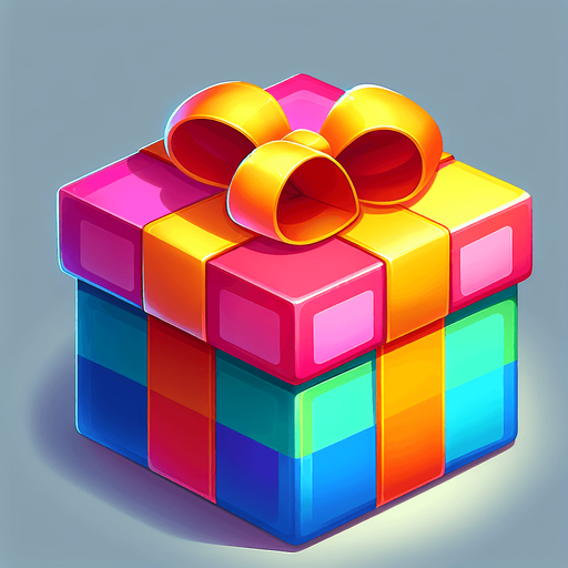 gift wrapped box, bright colours. with bow on top Single Game Texture. In-Game asset. 2d. Blank background. High contrast. No shadows. Single Game Texture.