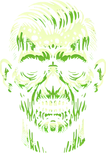 stylized green zombie head.
Single Game Texture. In-Game asset. 2d. Blank background. High contrast. No shadows.