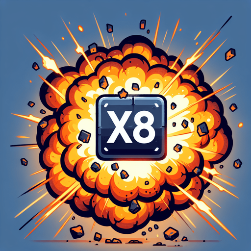 爆炸，里面有X8的字样.
Single Game Texture. In-Game asset. 2d. Blank background. High contrast. No shadows.