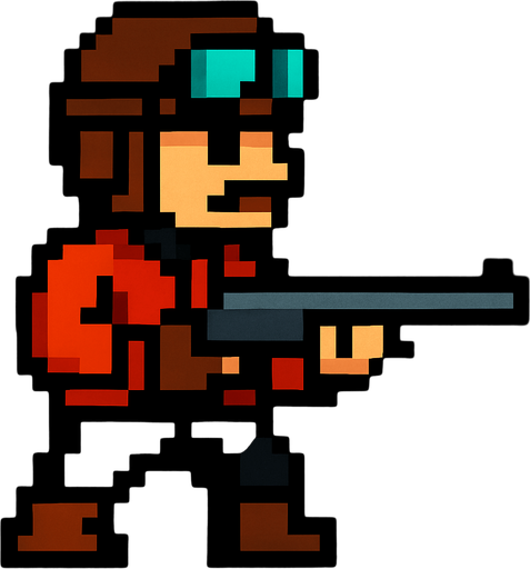 Un changón con un tipo piloto peinado que tengo una ropa roja y negra y que sea tipo pixelar.
In-Game asset.  2d.  High contrast.  No shadows