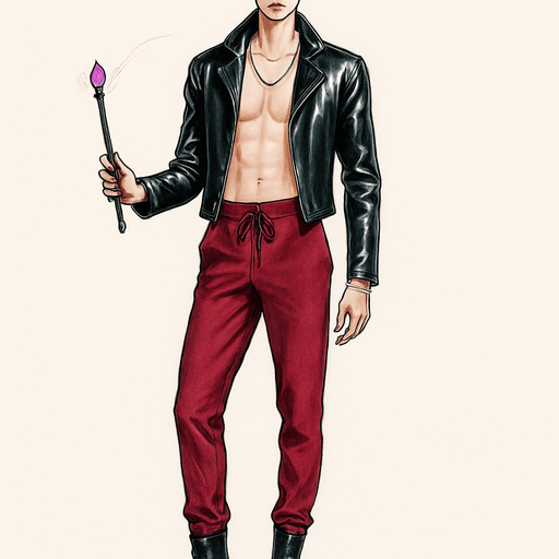 Swishy graceful man Cyberpunk manga, facing forward idle animation shiny black leather biker jacket longsleeves shirtless thin toned abs blonde undercut pompadour guy, wine red joggers, combat boots, holding gemstone-tipped magic wand, necklaces, Background removed, Full-body character, entirely in frame, no cropping of hair, head, or boots, Complete character visible, from head to toe, fully centered in the image" "Entire character, fully within the frame, no edges cut off fashion illustration model idle pose, style of Vogue magazine