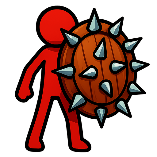 Red stickman with a big wooden shield full of spikes.
In-Game asset.  2d.  High contrast.  No shadows