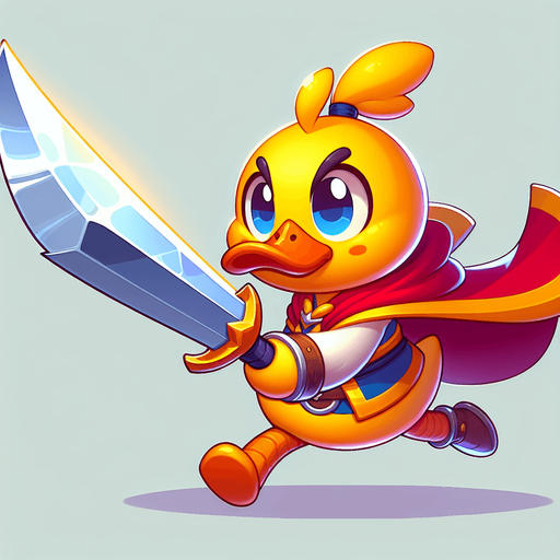 cartoon fantasy yellow duck warrior slash long sword movement.
Single Game Texture.  In-Game asset.  2d.  Blank background.  High contrast.  No shadows