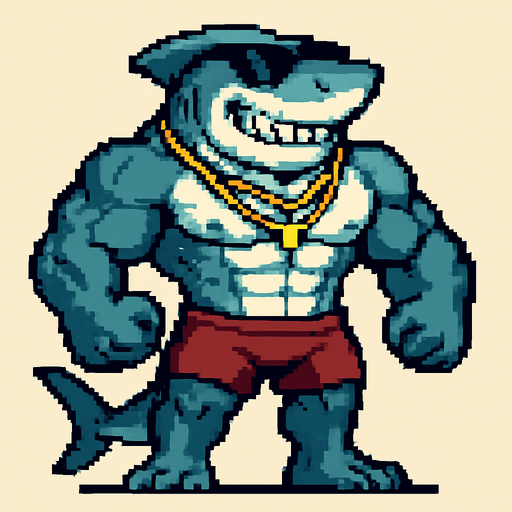 Tiburón furry fuerte sin camisa y con shorts, que en la cara lleve unas gafas de sol, que lleve colgantes y que sea pixeleado que se vea todo su cuerpo 
In-Game asset.  2d.  High contrast.  No shadows