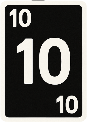 Rectangular card numbered 10, with a white border around it and a dark background..
In-Game asset.  2d.  High contrast.  No shadows