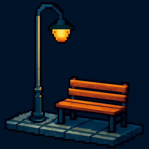 sokak lambası kaldırım ve bank pixel.
In-Game asset.  2d.  High contrast.  No shadows