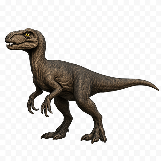 A realistic dinosaur dinosaur depicted in a neutral standing pose on a transparent background. It has a slender, agile body covered with textured brown and dark gray scales. The head is narrow with sharp teeth visible in a slightly open mouth and bright, alert eyes. Its limbs are muscular with sharp claws, and the tail is long and straight, providing balance. The skin texture shows fine scales and subtle muscle definition, emphasizing its role as an early, fast predator..
In-Game asset.  2d.  High contrast.  No shadows
