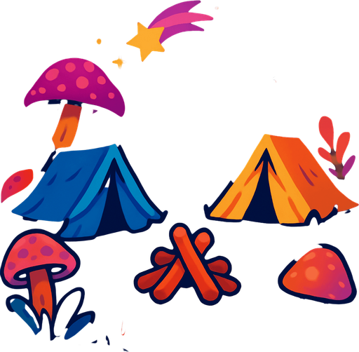 camp area. world imagination. magical. wood of fire but without fire on the middle of the screen.
In-Game asset.  2d.  High contrast.  No shadows