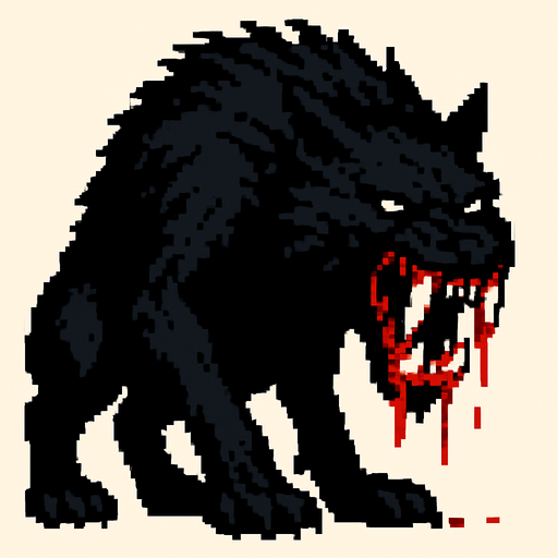 a large black beast with fangs sharpened with blood pixel art style.
In-Game asset.  High contrast.  No shadows