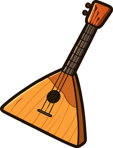 A detailed yet simple 2D illustration of a traditional Russian balalaika. The instrument should have a triangular wooden body, three strings, and a long, narrow neck. Style it in cartoon or flat vector format with soft shadows and bold outlines. Use warm wood tones (orange/brown), and make sure the shape is iconic and easily recognizable. Designed for mobile game use. Export as a transparent PNG, suitable for placing in quizzes or instrument selection scenes.. rounded background with pink
In-Game asset.  2d.  High contrast.  No shadows