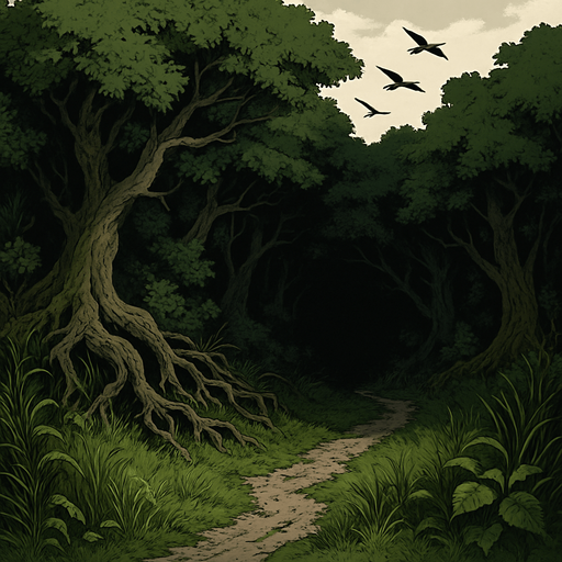 The edge of a thick medieval forest, tangled roots and wild grass, birds flying above, a worn path leading into shadow, realistic.
In-Game asset.  2d.  High contrast.  No shadows