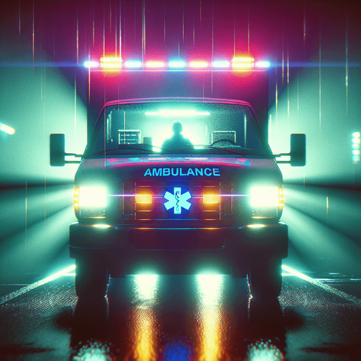 front of an ambulance with a silouhete of a driver..
video game style