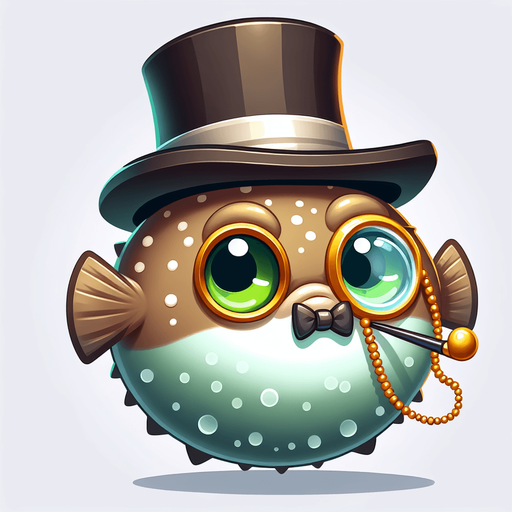 the face of a puffer fish with a top hat and monocle. facing straight forward. cartoon. color
Single Game Texture.  In-Game asset.  2d.  Blank background.  High contrast.  No shadows