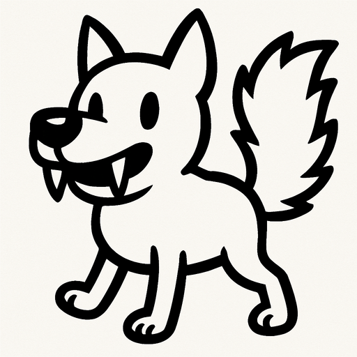 Un perro blanco con 2 patas y dientes de vampiro con una cola pelula estilo caricatura.
In-Game asset.  2d.  High contrast.  No shadows