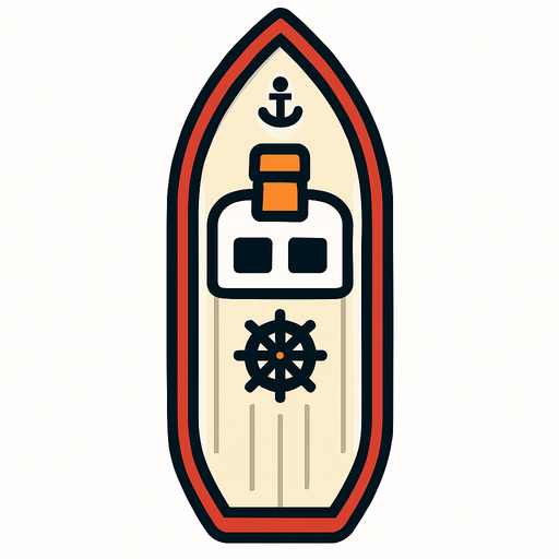 2D vector illustration of a ship from top view perspective, minimalistic flat design, clean lines, no background (transparent), realistic ship shape, visible deck, helm, and other top-side details, symmetrical composition..
In-Game asset.  High contrast.  No shadows