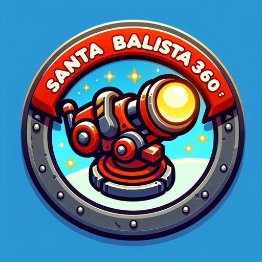 Icon for a mechanical arm, on a circle, with the text „Santa Ballista 360“ at top, cartoon, christmas style Single Game Texture. In-Game asset. 2d. Blank background. High contrast. No shadows.