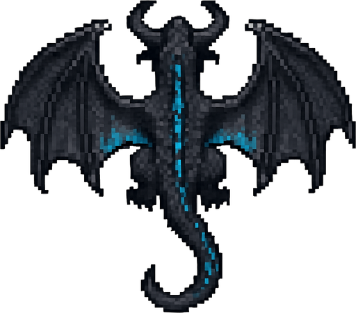 “Pixel art dragon viewed from top-down, with wide leathery wings fully spread, long tail, visible back ridges and horns. Dark grey or black scales, subtle blue flame glow under the wings and spine, menacing but organic design. Sized to carry a small goblin rider on its back. 2D video game asset, fantasy themed.”.
In-Game asset.  2d.  High contrast.  No shadows.
In-Game asset.  2d.  High contrast.  No shadows