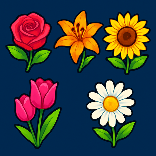 Blossom match with rose,lily,sunflower,tulips,and daisy. Vibrant..
In-Game asset.  2d.  High contrast.  No shadows