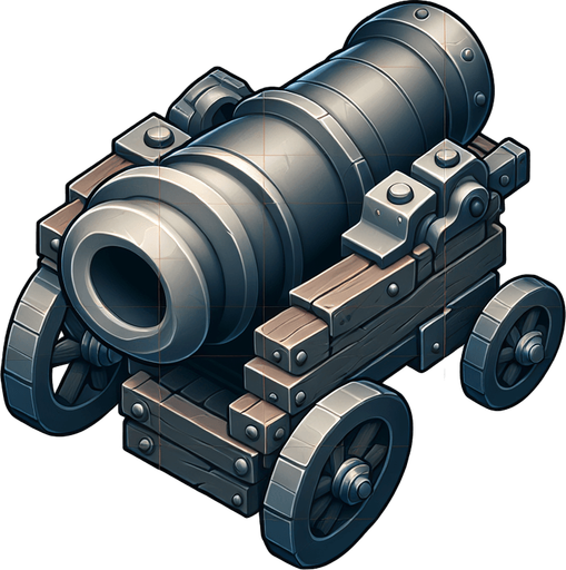 Top down view of a cannon.
Single Game Texture. In-Game asset. 2d. Blank background. High contrast. No shadows.