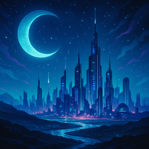 landscape of a furturistic world by night