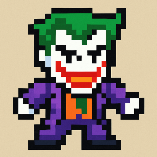 pixel art joker.
In-Game asset.  2d.  High contrast.  No shadows
