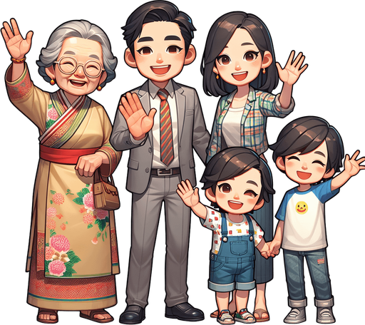 A smiling family waving..
Single Game Texture. In-Game asset. 2d. Blank background. High contrast. No shadows.