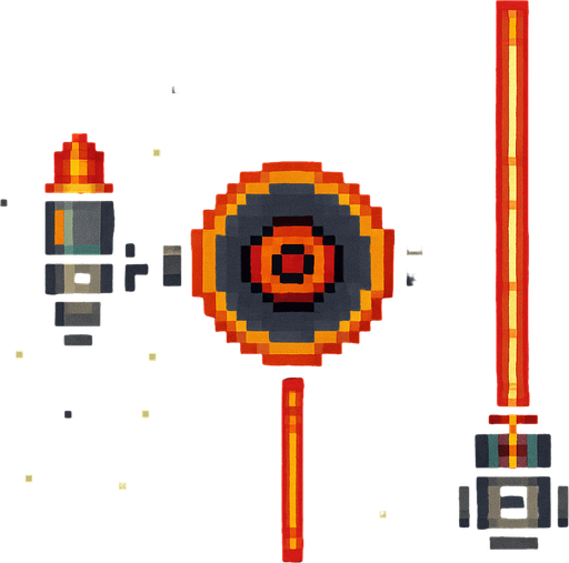 Модульный босс с телом круга рекетницами по бокам и лазером по середине все отдельно пиксельный вид сверху космос.
In-Game asset.  2d.  High contrast.  No shadows